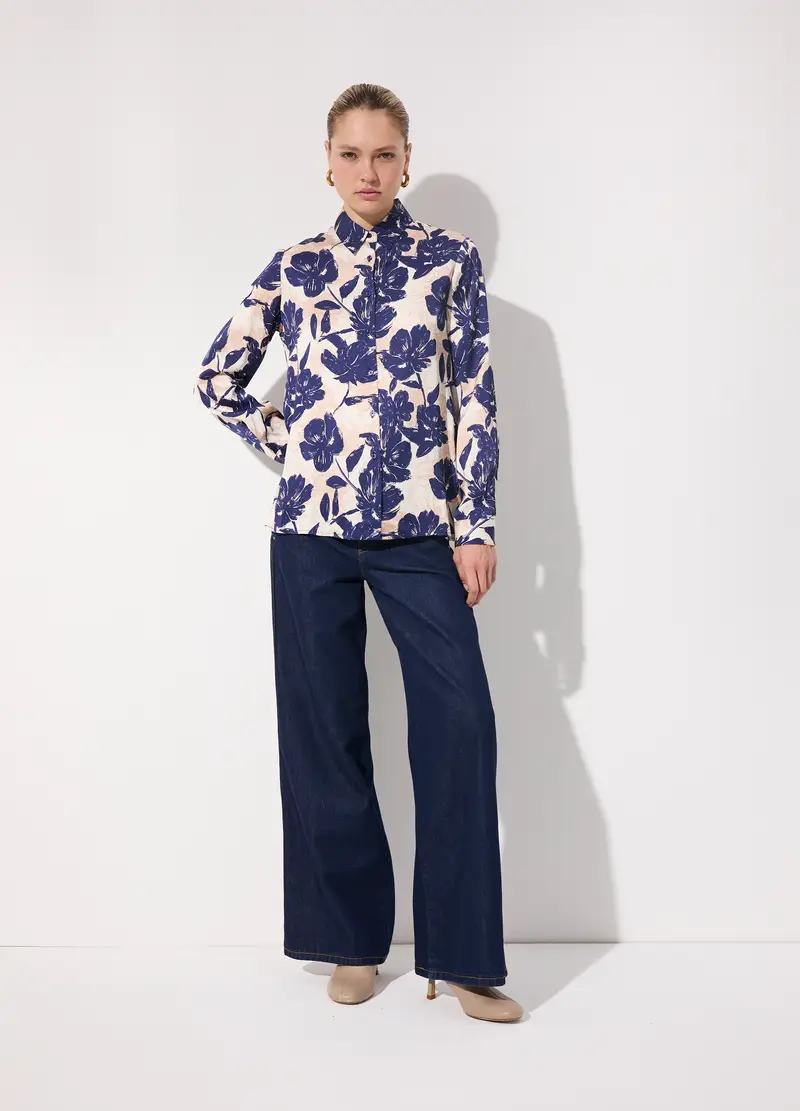 Camicia In Viscosa Satin Con Stampa Floreale Donna, Unisex, Bianco/Blu