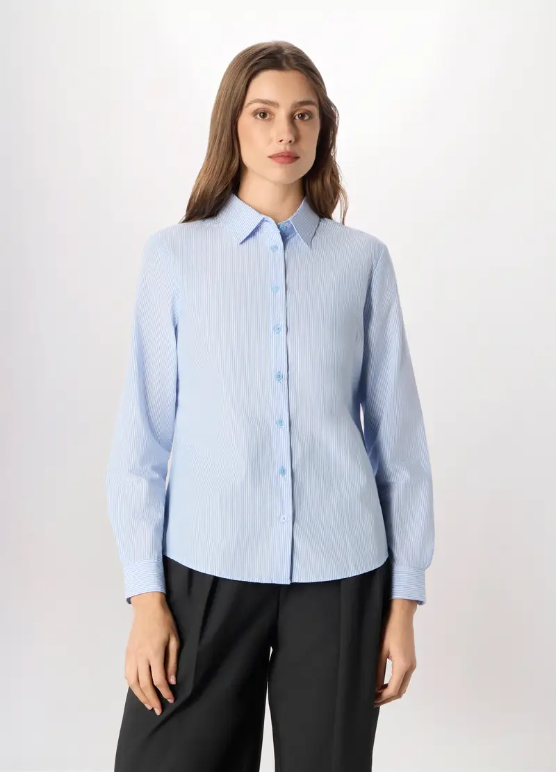 Camicia Misto Cotone A Righe Donna, Unisex, Bianco/Azzurro