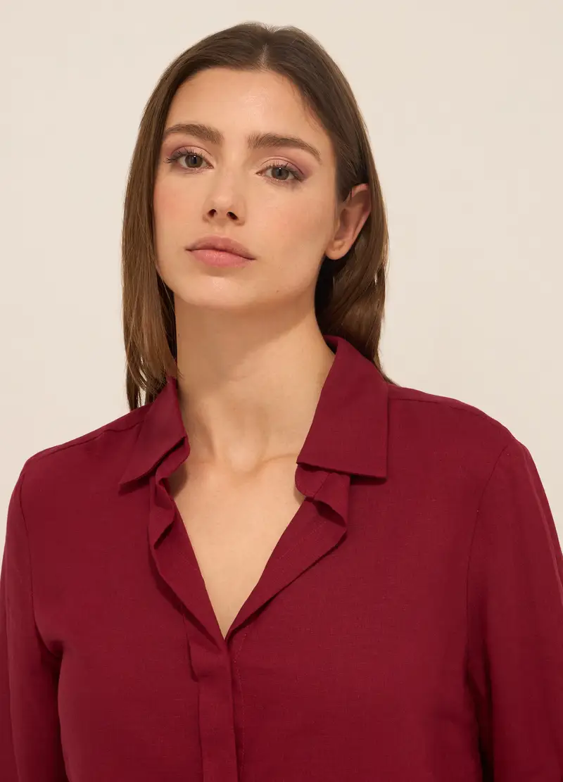 Camicia Misto Lino Con Scollo A V Donna, Rosso scuro miniatura 3