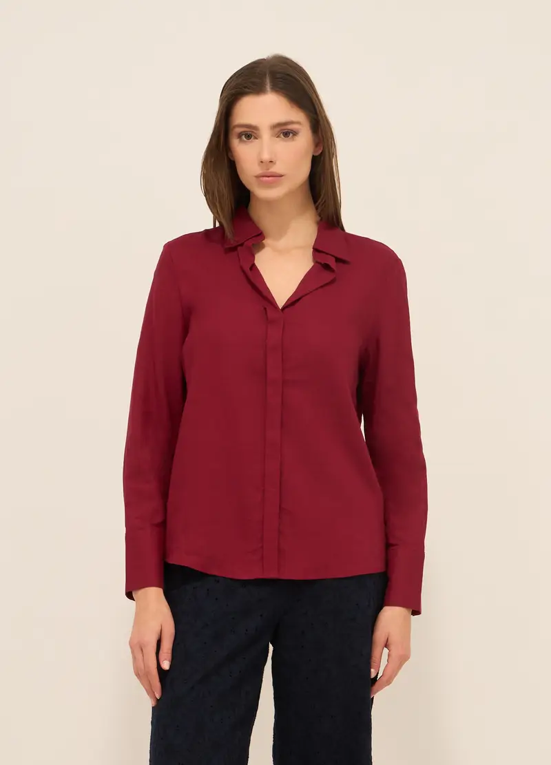 Camicia Misto Lino Con Scollo A V Donna, Rosso scuro