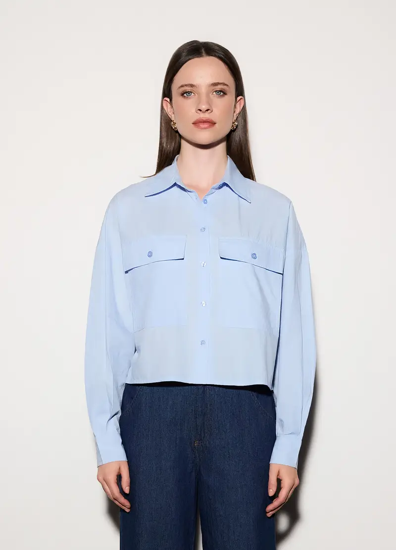 Camicia Over Fit Colletto Alla Francese In Popeline Di Puro Cotone Donna, Unisex, Azzurro chiaro miniatura 2