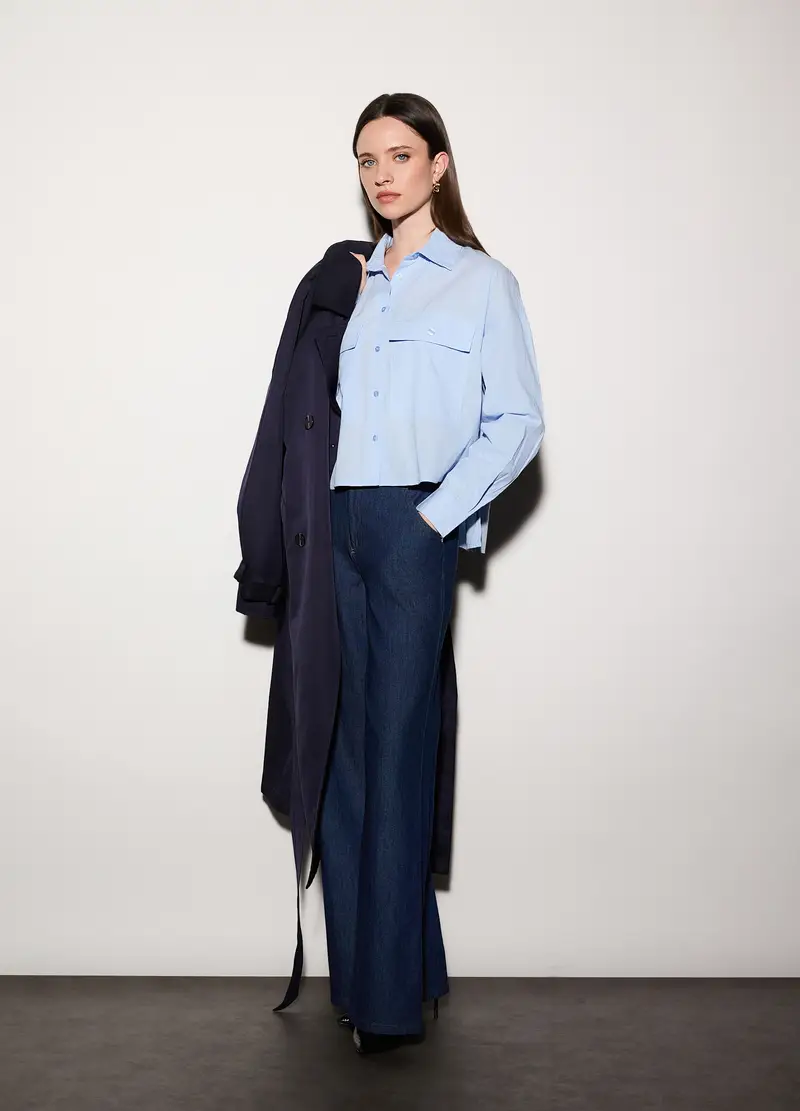 Camicia Over Fit Colletto Alla Francese In Popeline Di Puro Cotone Donna, Unisex, Azzurro chiaro