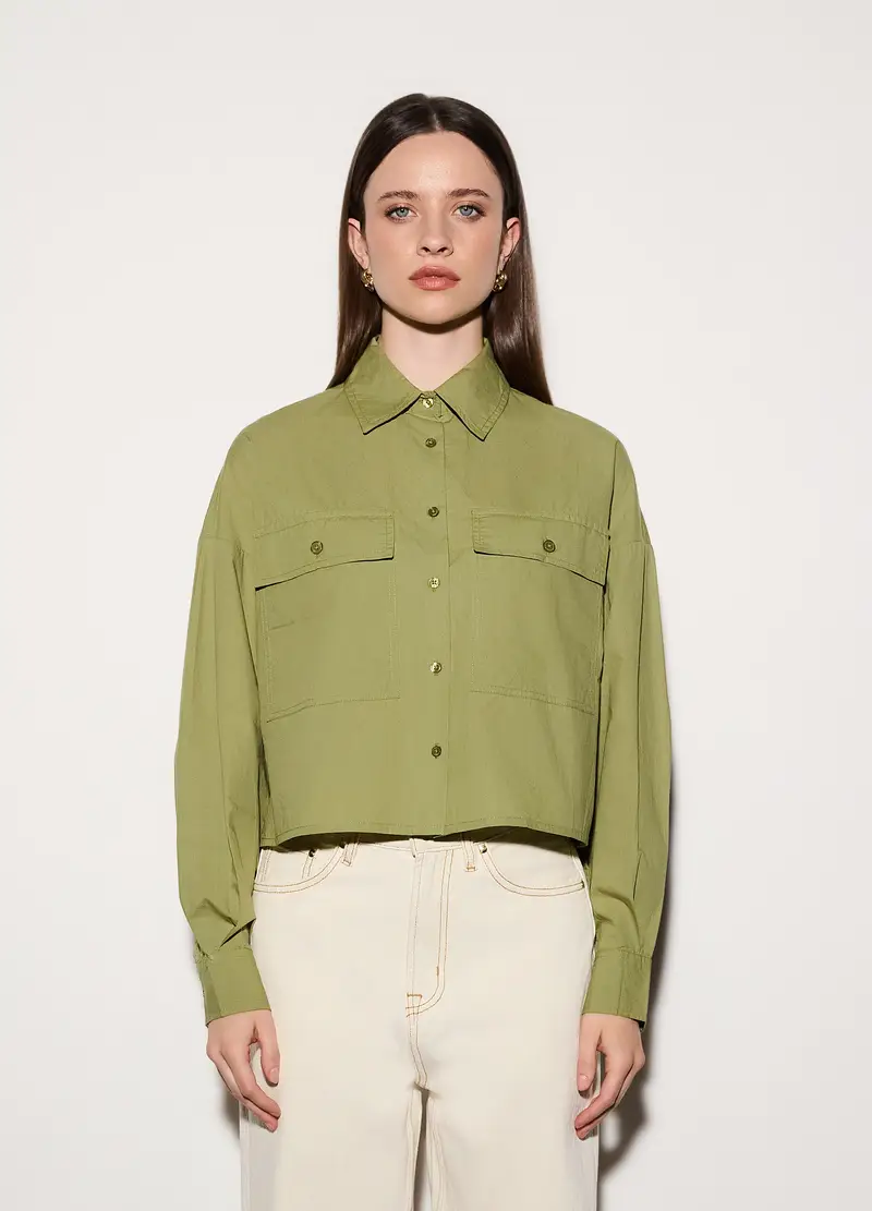 Camicia Over Fit Colletto Alla Francese In Popeline Di Puro Cotone Donna, Unisex, Verde chiaro miniatura 2