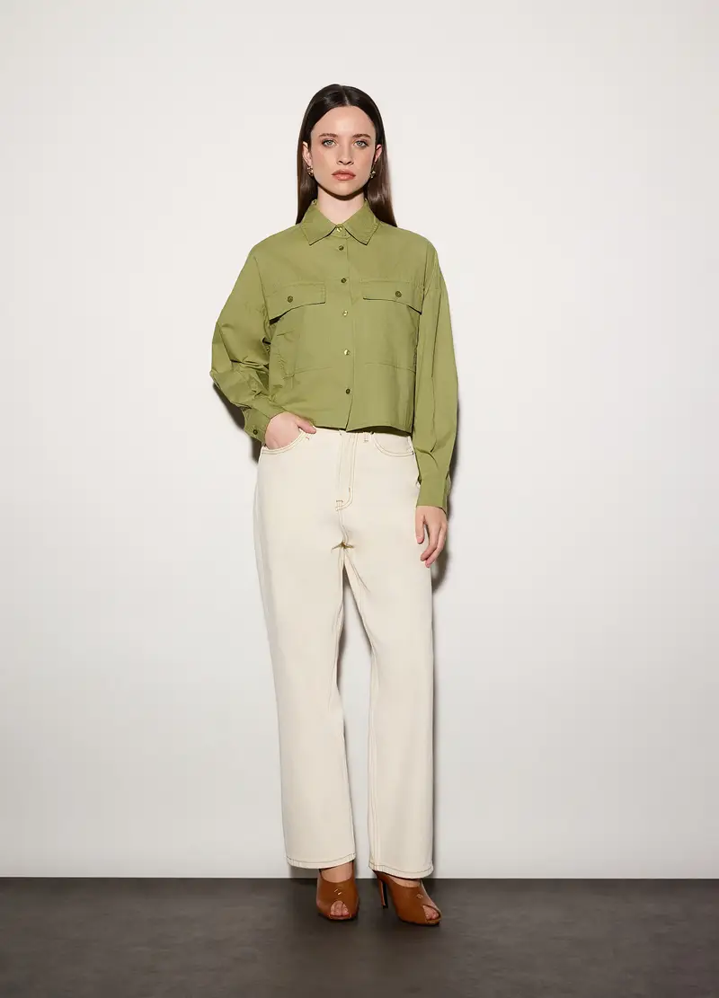 Camicia Over Fit Colletto Alla Francese In Popeline Di Puro Cotone Donna, Unisex, Verde chiaro