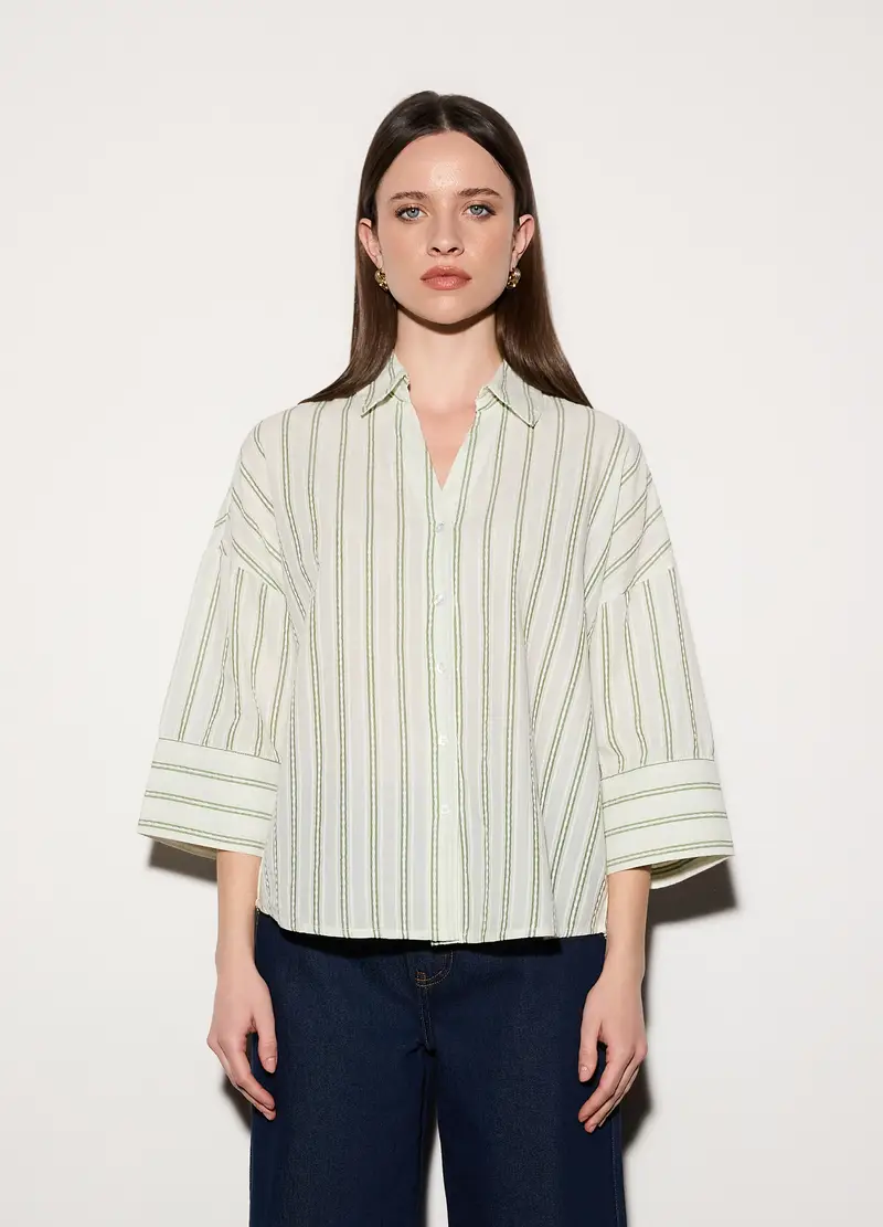 Camicia Over Fit Colletto Alla Francese In Puro Cotone Dobby A Righe Donna, Unisex, Bianco/Verde miniatura 2