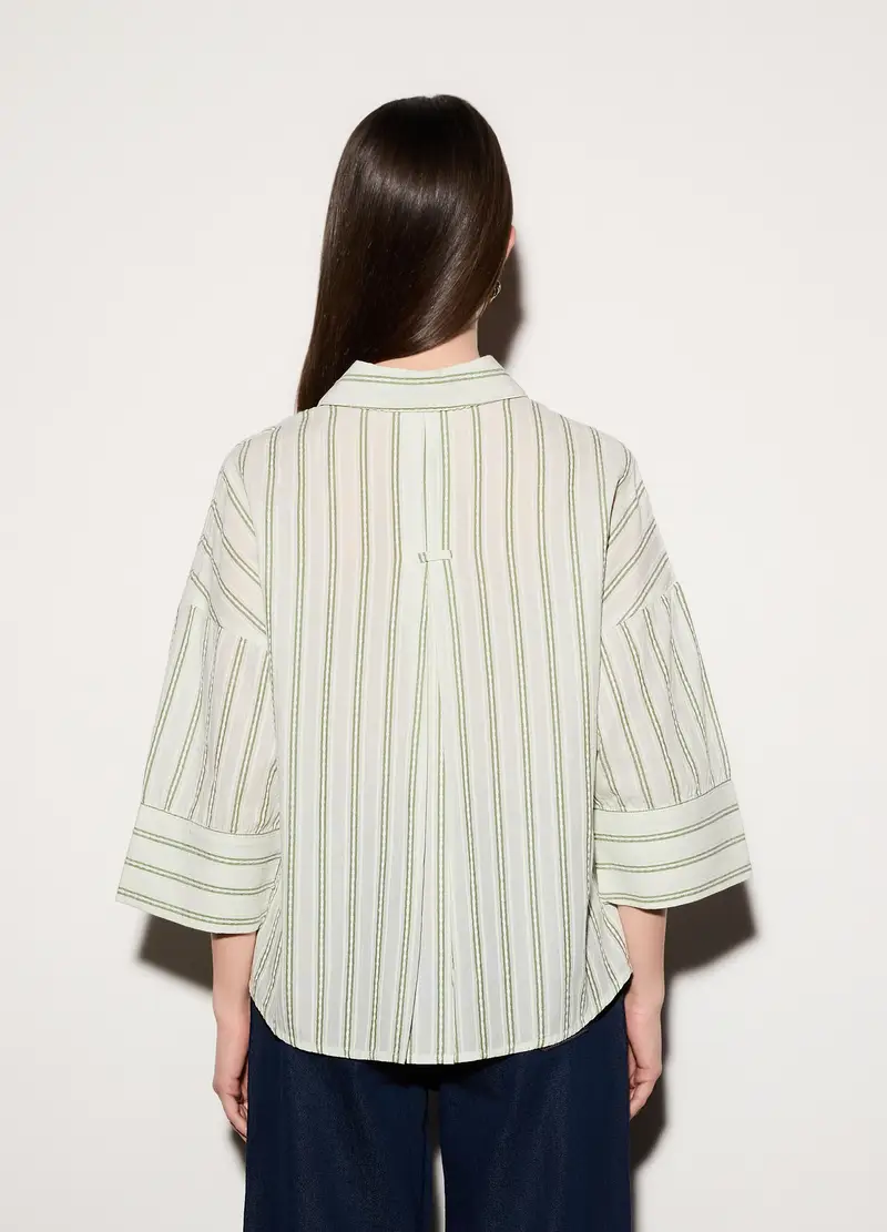 Camicia Over Fit Colletto Alla Francese In Puro Cotone Dobby A Righe Donna, Unisex, Bianco/Verde miniatura 3