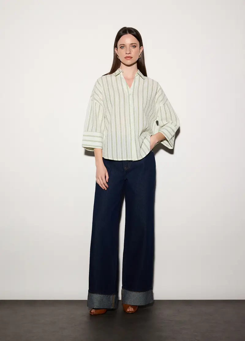 Camicia Over Fit Colletto Alla Francese In Puro Cotone Dobby A Righe Donna, Unisex, Bianco/Verde