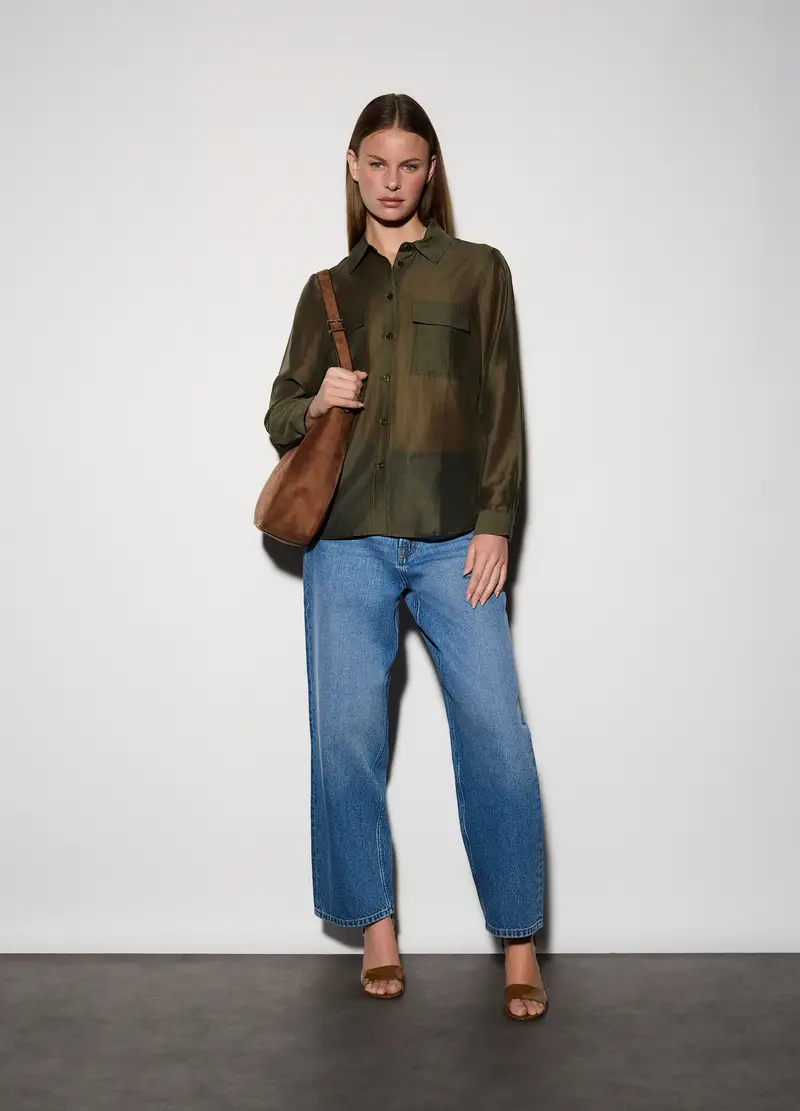 Camicia Over Fit Con Colletto Alla Francese Donna, Unisex, Verde oliva