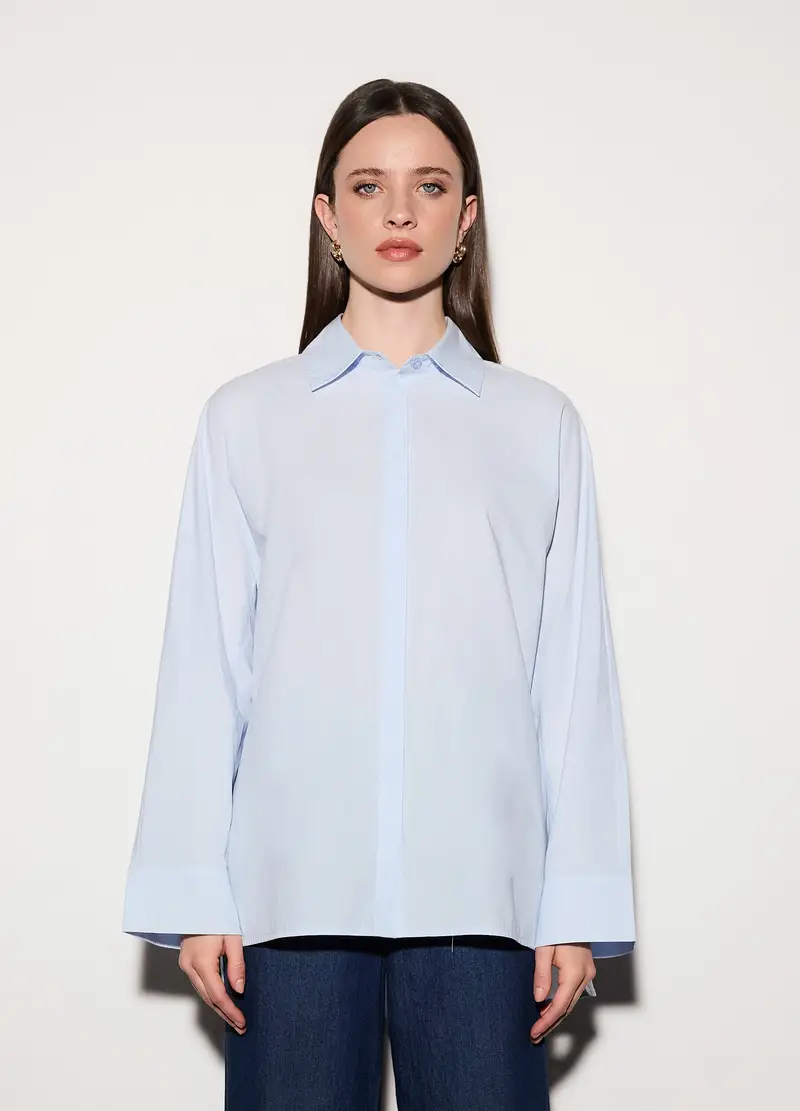 Camicia Over Fit Con Collo Alla Francese In Popeline Donna, Unisex, Azzurro chiaro miniatura 2