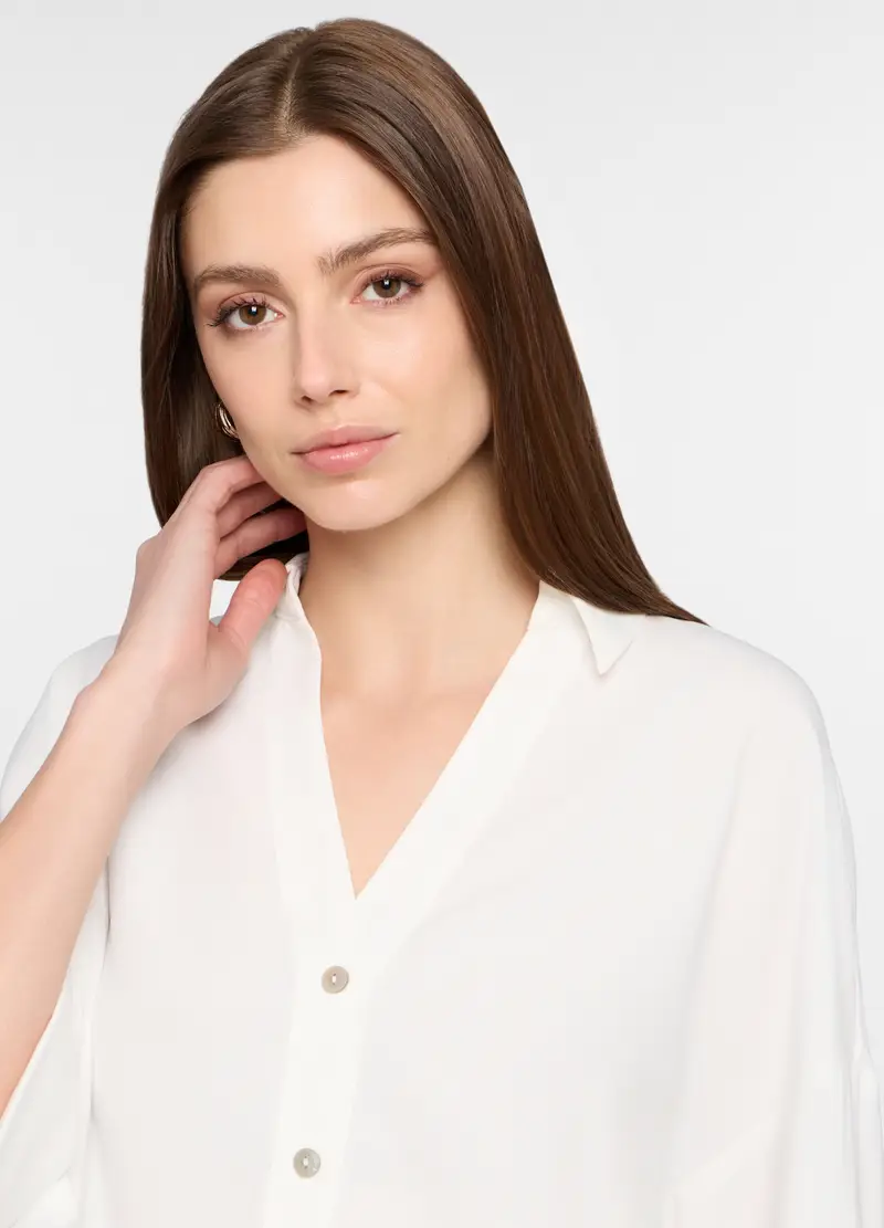 Camicia Over Fit Con Scollo A V Donna, Bianco gesso miniatura 3
