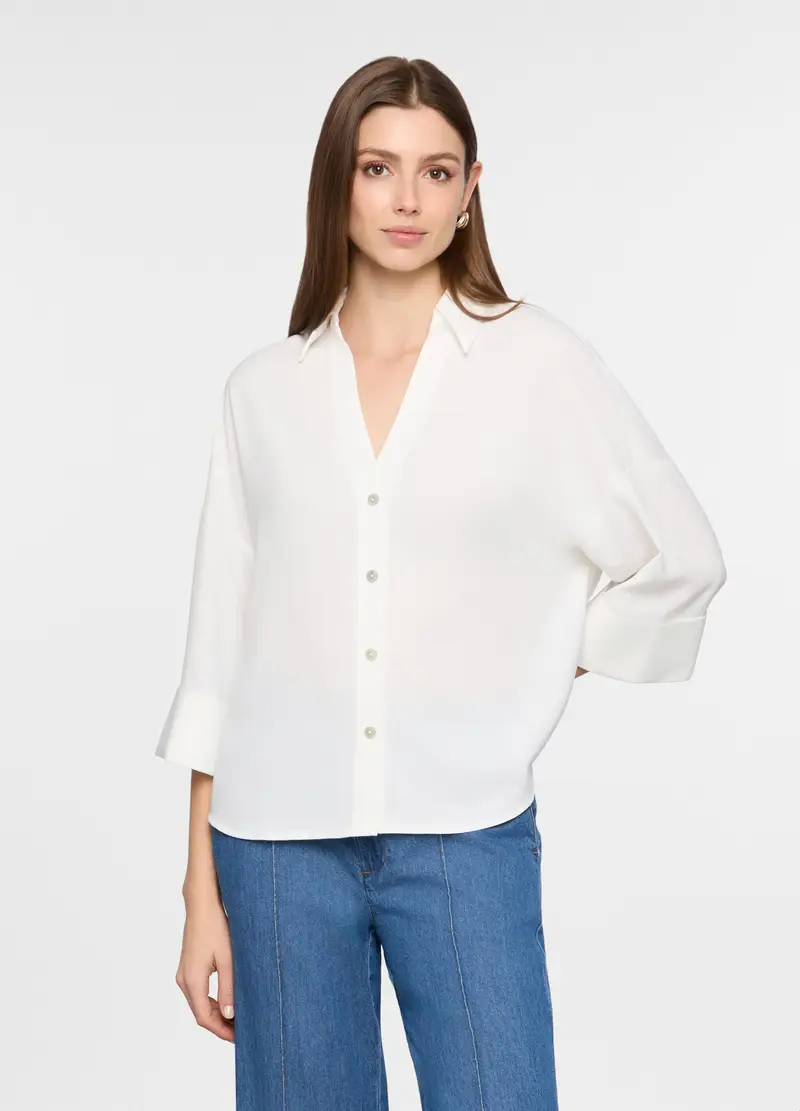 Camicia Over Fit Con Scollo A V Donna, Bianco gesso