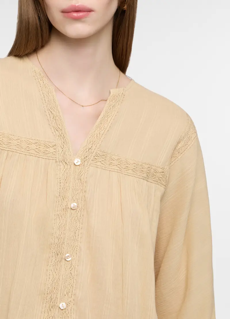 Camicia Over Fit Con Scollo A V In Puro Cotone Donna, Beige chiaro miniatura 3