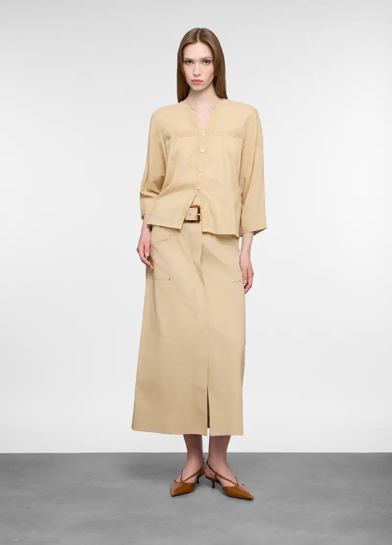 Camicia Over Fit Con Scollo A V In Puro Cotone Donna, Beige chiaro