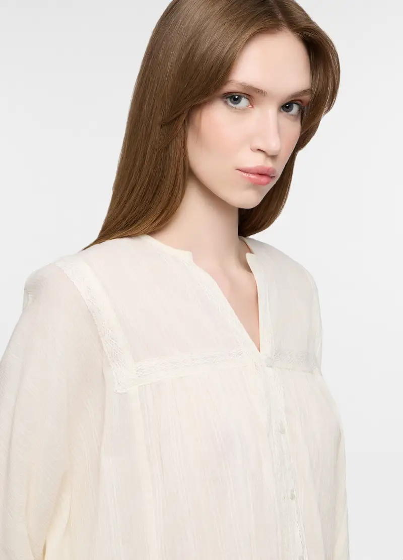 Camicia Over Fit Con Scollo A V In Puro Cotone Donna, Bianco panna miniatura 3