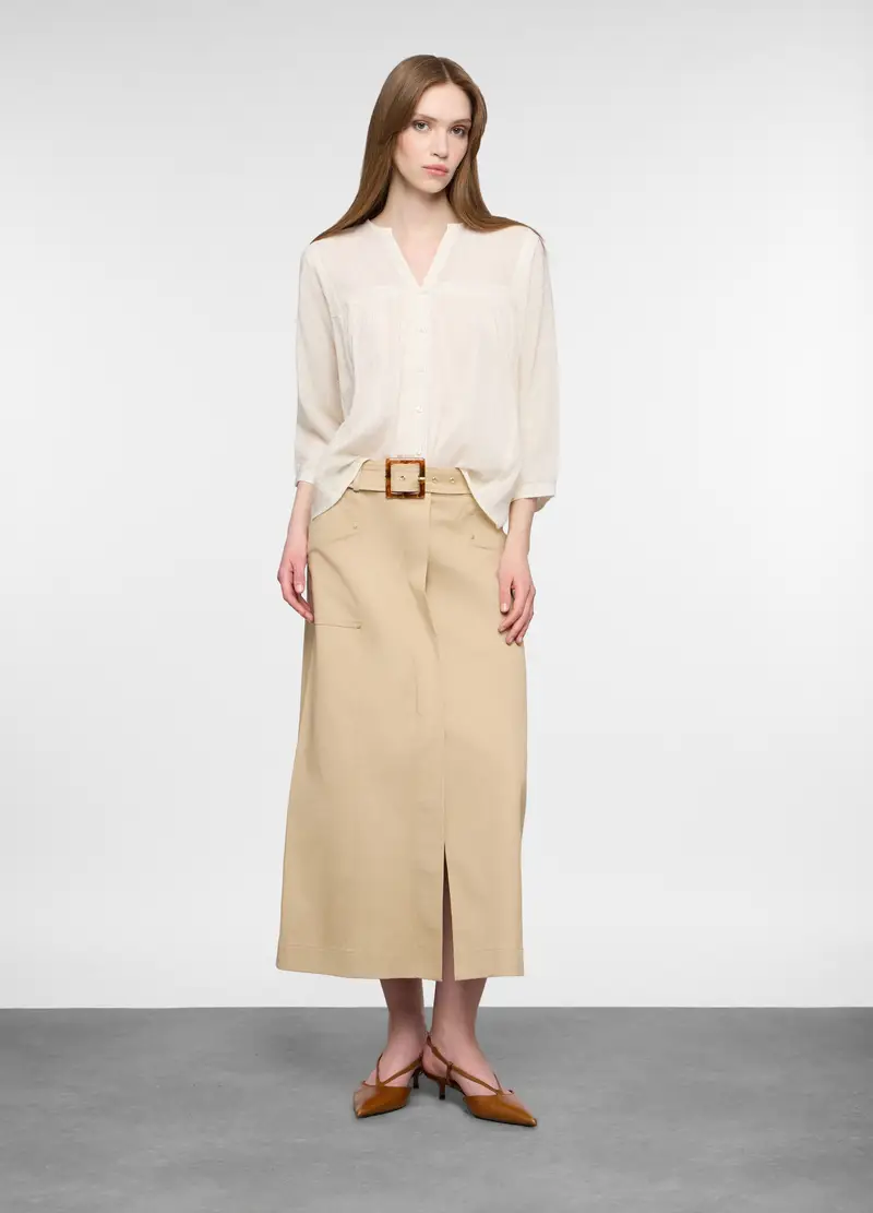 Camicia Over Fit Con Scollo A V In Puro Cotone Donna, Bianco panna