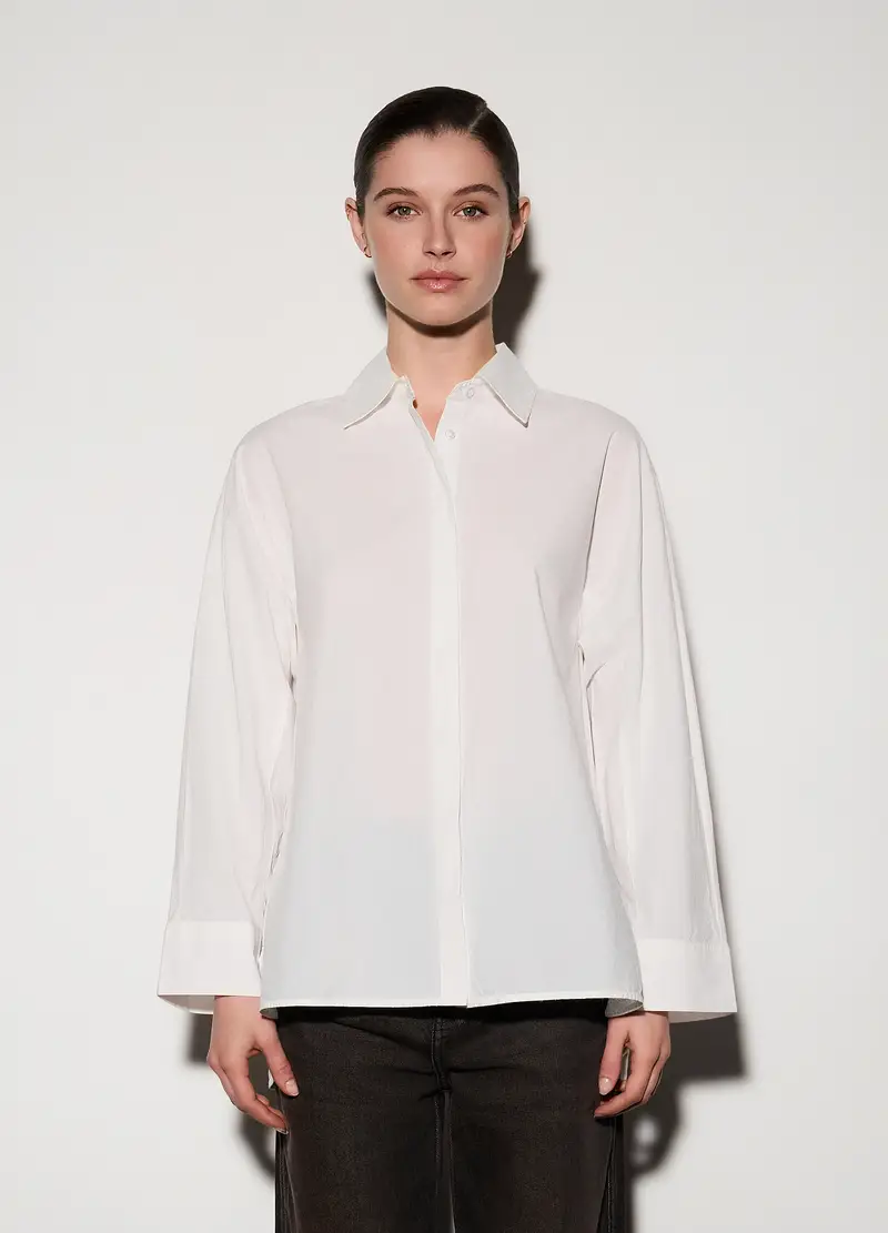 Camicia Over Fit In Con Collo Alla Francese In Popeline Donna, Unisex, Bianco gesso miniatura 2