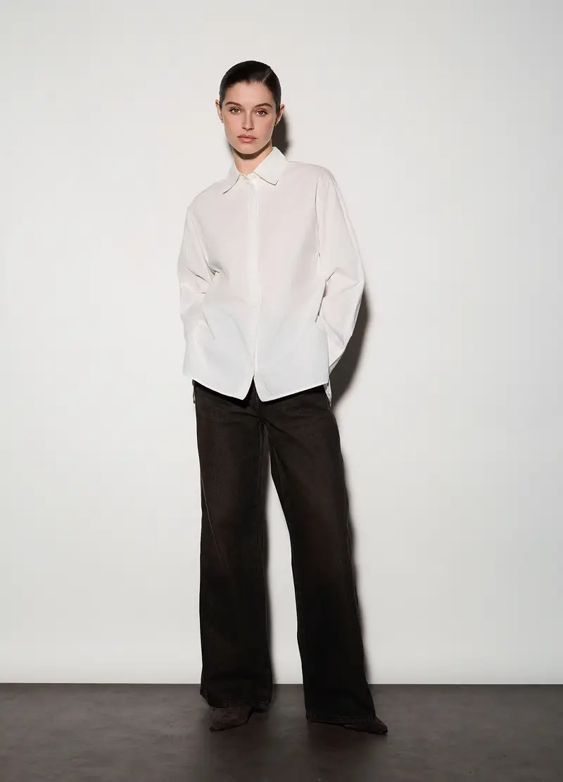 Camicia Over Fit In Con Collo Alla Francese In Popeline Donna, Unisex, Bianco gesso