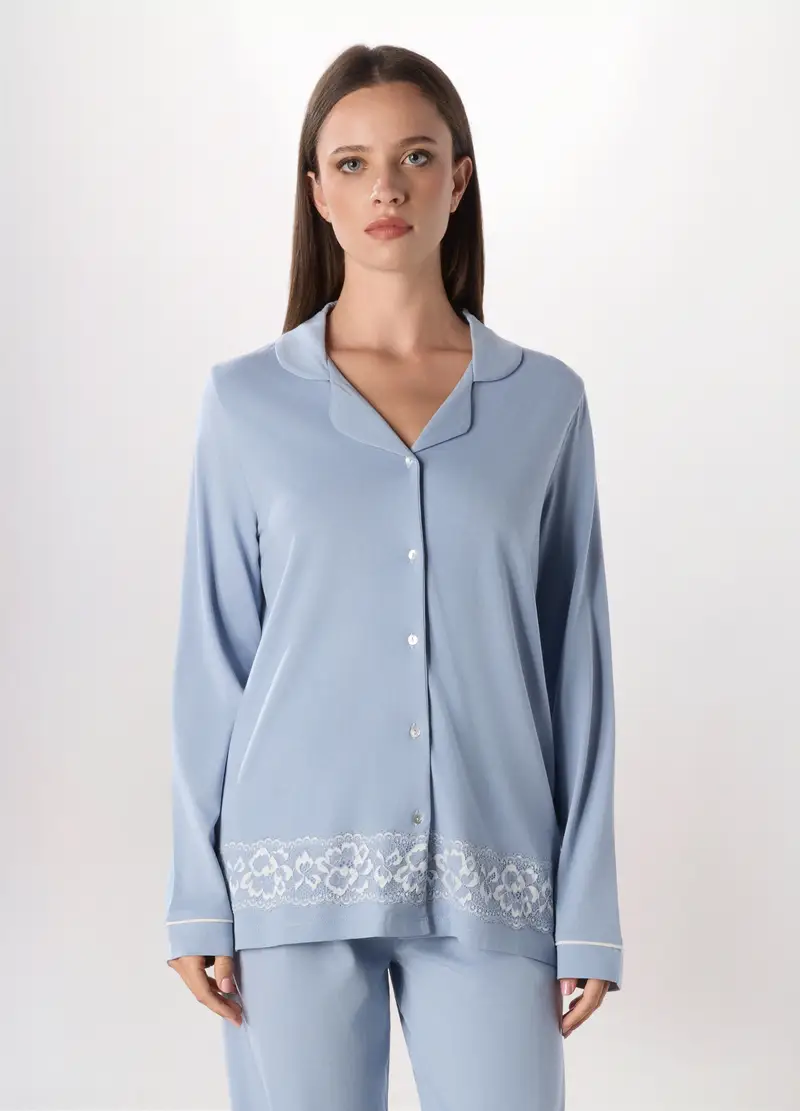 Camicia Pigiama In Cotone Con Pizzo Donna, Azzurro carta da zucchero