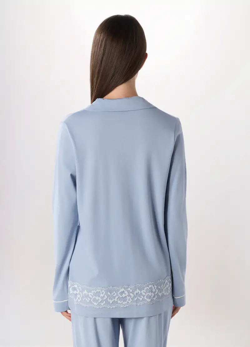 Camicia Pigiama In Cotone Con Pizzo Donna, Azzurro carta da zucchero miniatura 2