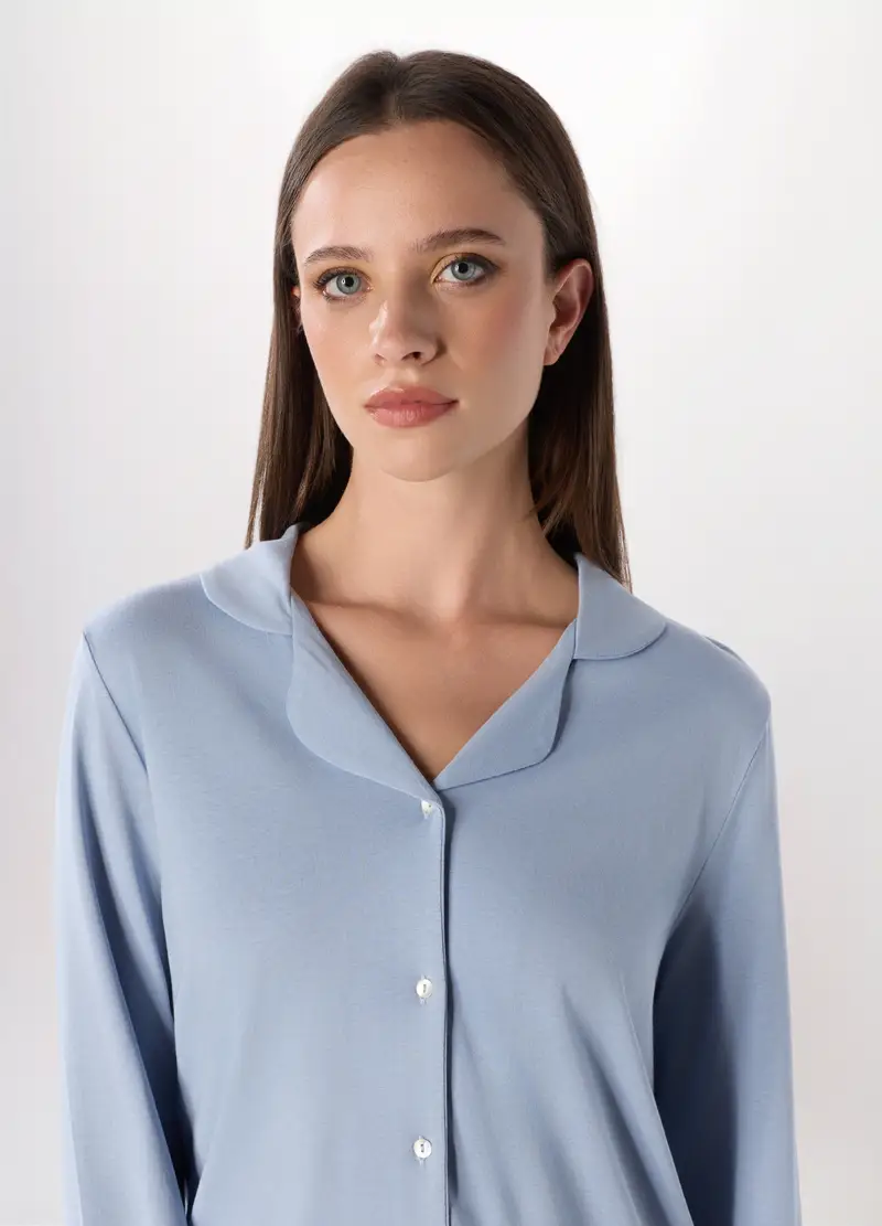 Camicia Pigiama In Cotone Con Pizzo Donna, Azzurro carta da zucchero miniatura 3