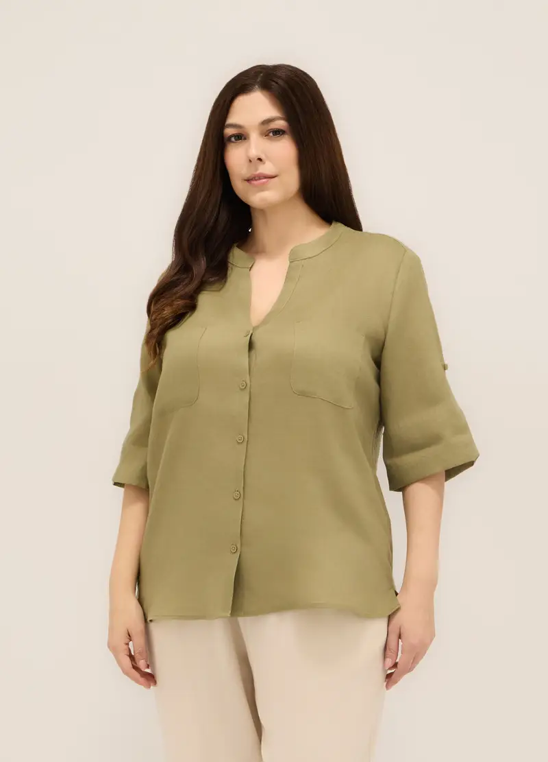 Upim, Camicia Puro Lino Donna Curvy, Verde oliva, Taglia: S miniatura 2