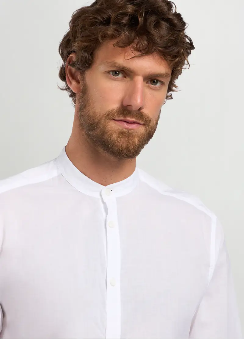 Camicia Regular Fit Colletto Coreano In Cotone Uomo, Bianco miniatura 3