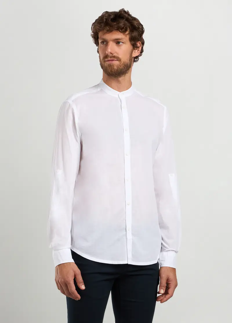 Camicia Regular Fit Colletto Coreano In Cotone Uomo, Bianco