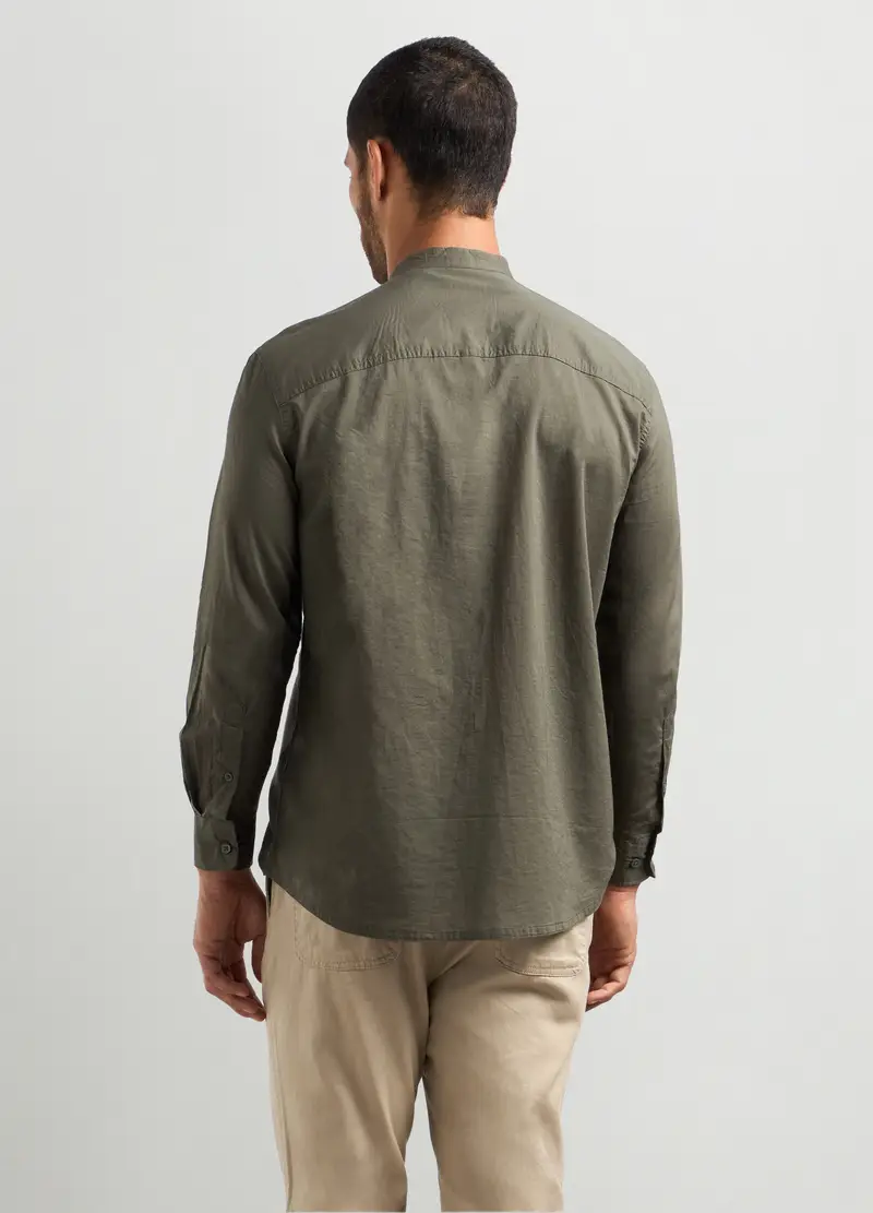 Camicia Regular Fit Colletto Coreano In Cotone Uomo, Verde oliva miniatura 2