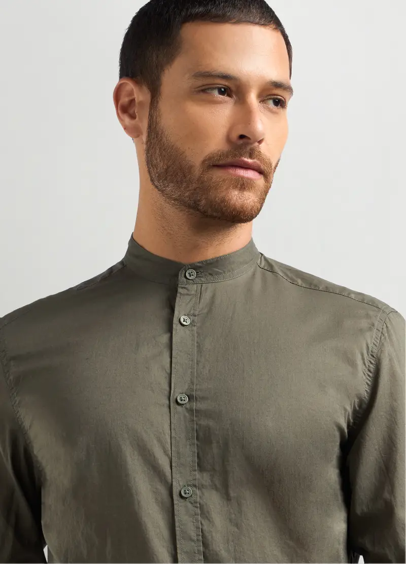 Camicia Regular Fit Colletto Coreano In Cotone Uomo, Verde oliva miniatura 3