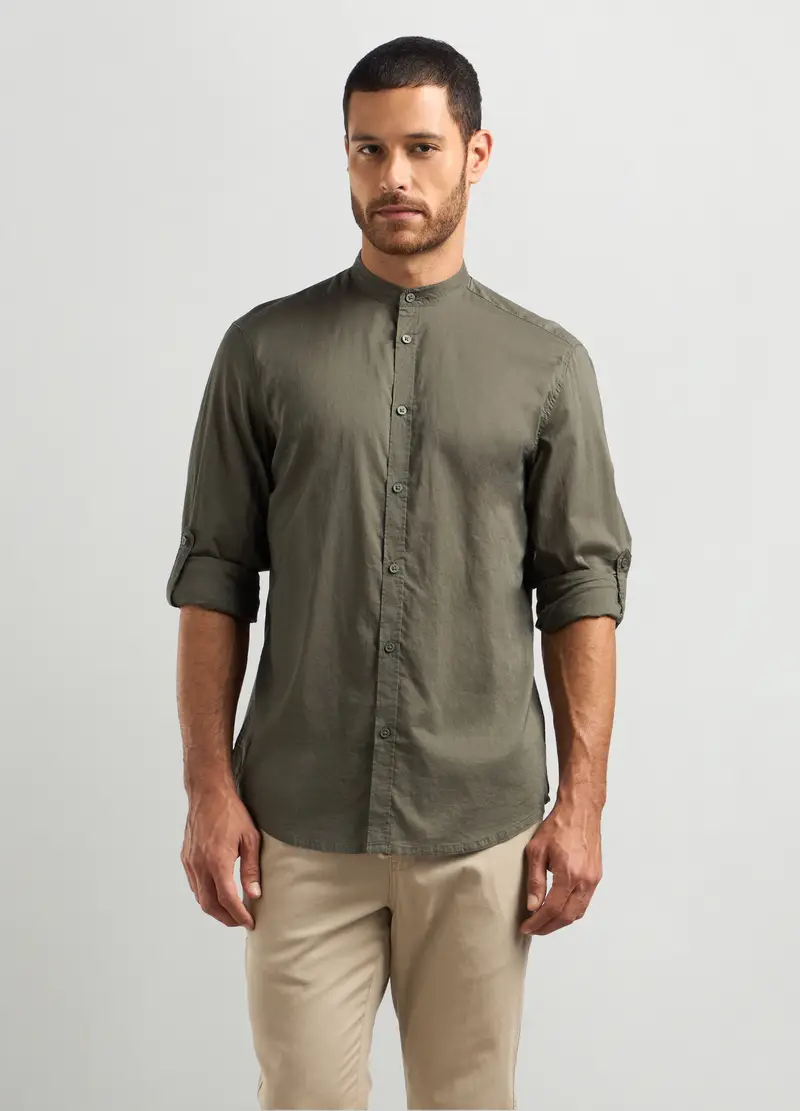 Camicia Regular Fit Colletto Coreano In Cotone Uomo, Verde oliva