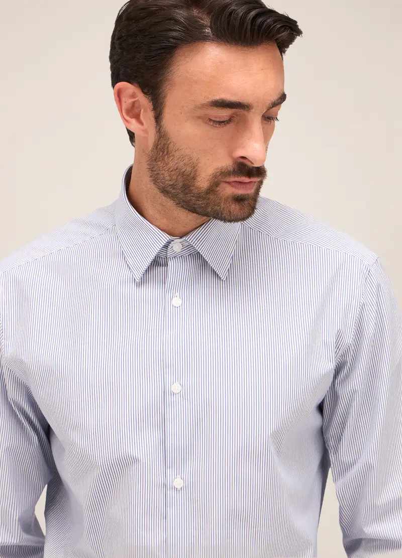 Camicia Regular Fit Colletto Italiano In Cotone Uomo, Bianco/Blu miniatura 3