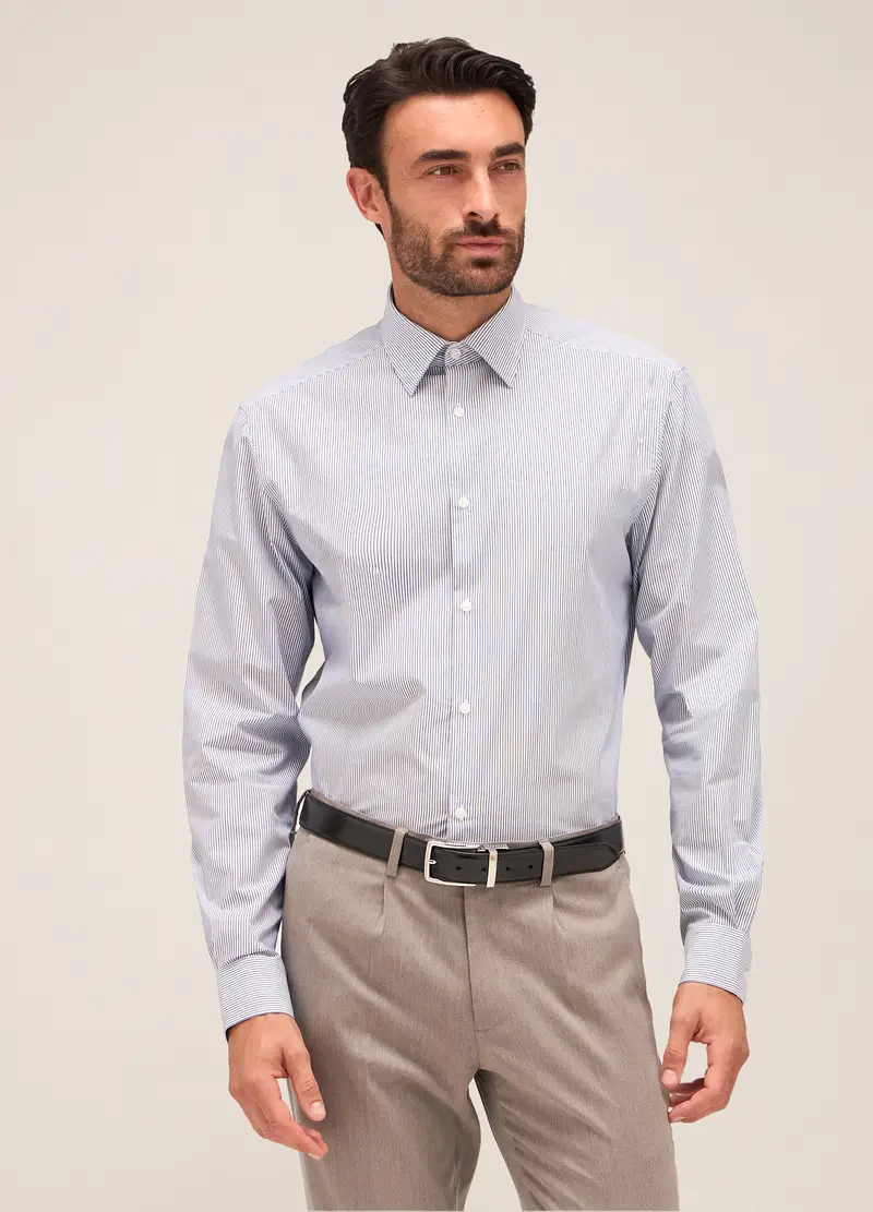 Camicia Regular Fit Colletto Italiano In Cotone Uomo, Bianco/Blu