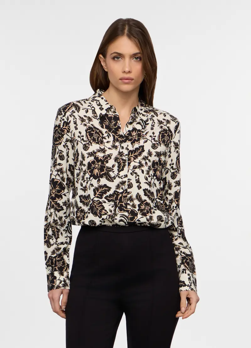 Camicia Regular Fit Collo Alla Francese In Pura Viscosa Donna, Nero/beige