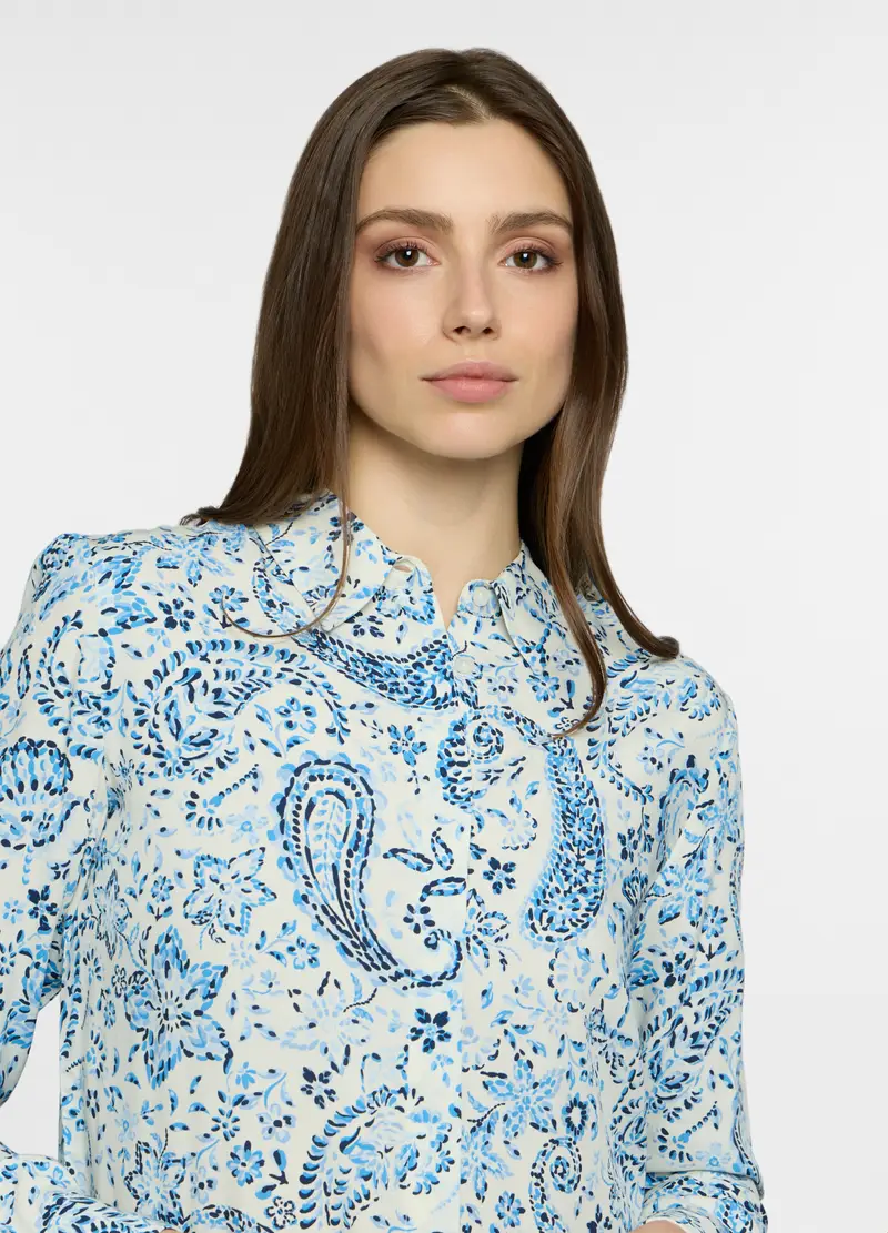 Camicia Regular Fit Con Colletto Alla Francese In Pura Viscosa Donna, Bianco/Azzurro miniatura 3