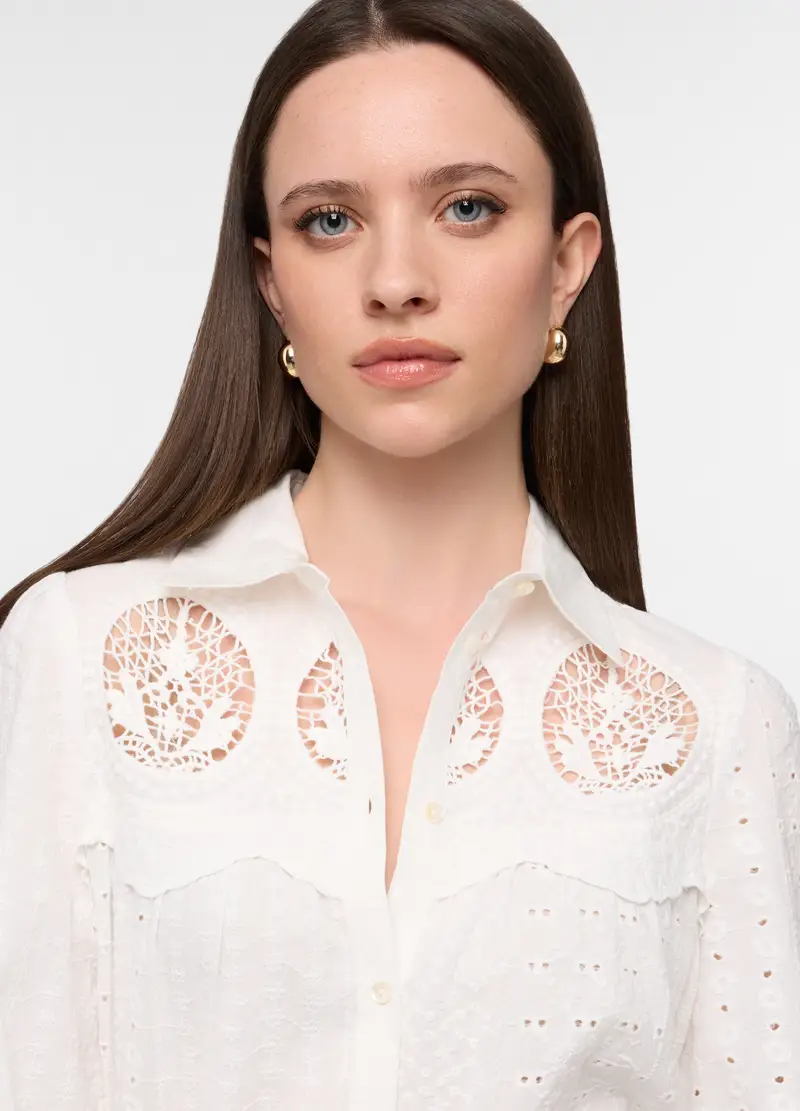 Camicia Regular Fit Con Colletto Alla Francese In Puro Cotone Voile Donna, Bianco gesso miniatura 3