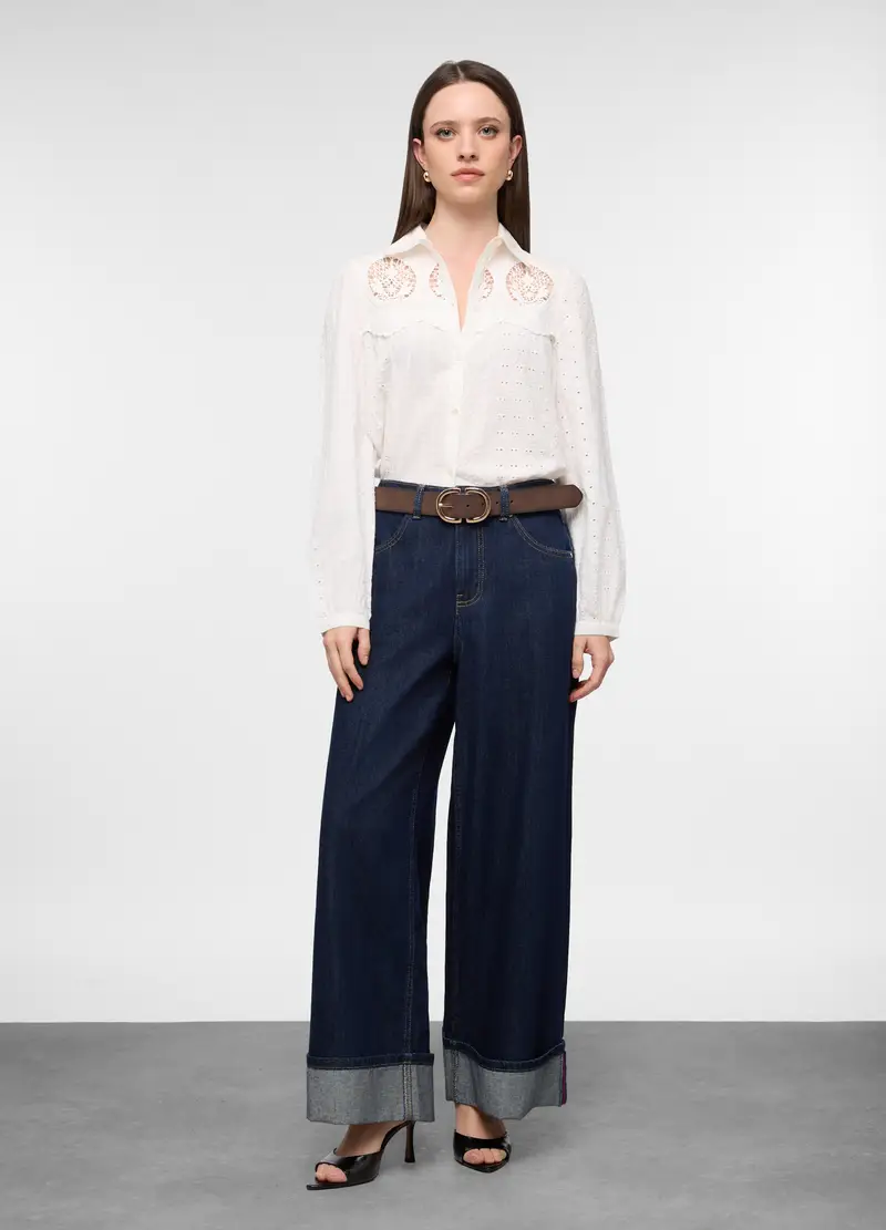 Camicia Regular Fit Con Colletto Alla Francese In Puro Cotone Voile Donna, Bianco gesso