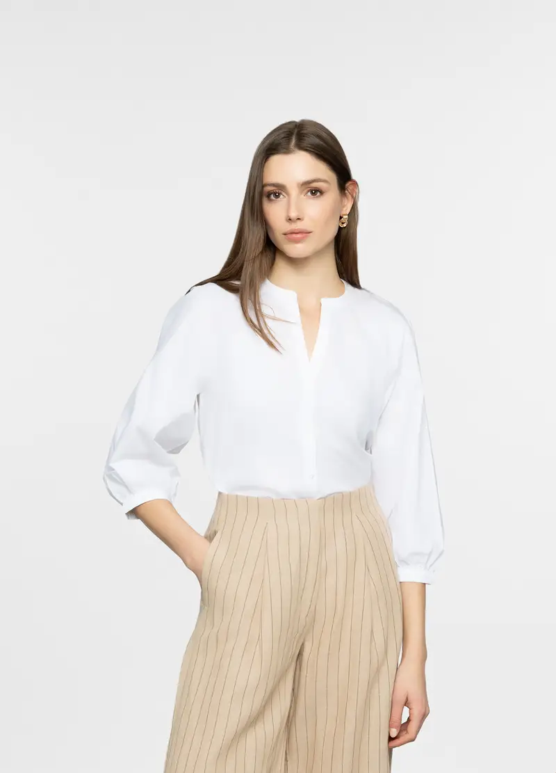 Camicia Regular Fit Con Scollo A V Donna, Bianco gesso