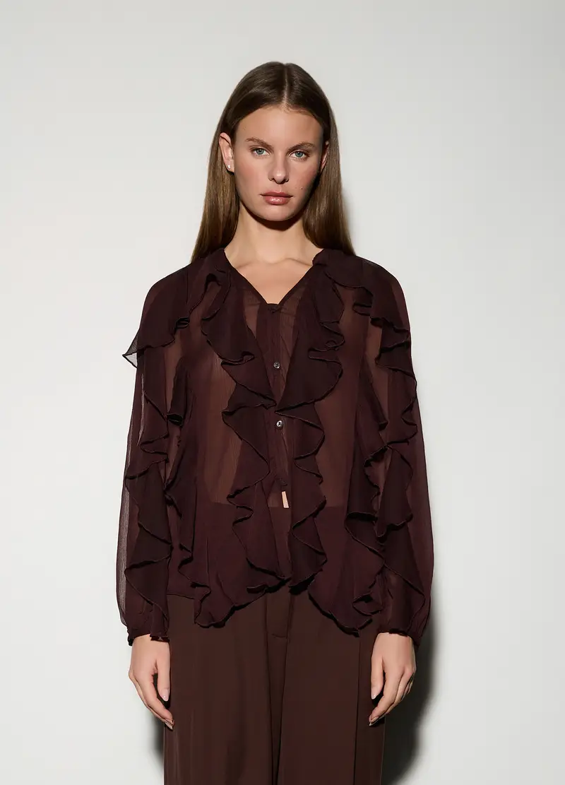 Camicia Regular Fit Con Scollo A V E Rouches Donna, Unisex, Marrone cioccolato miniatura 2