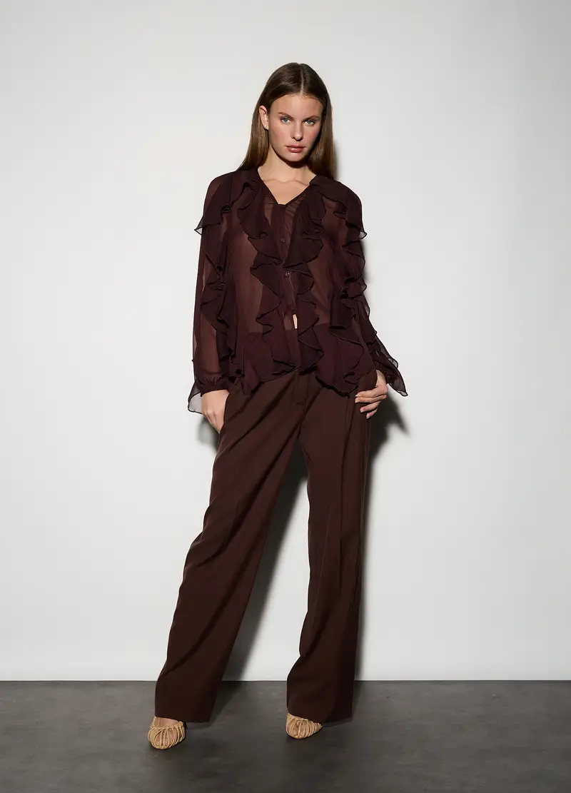 Camicia Regular Fit Con Scollo A V E Rouches Donna, Unisex, Marrone cioccolato