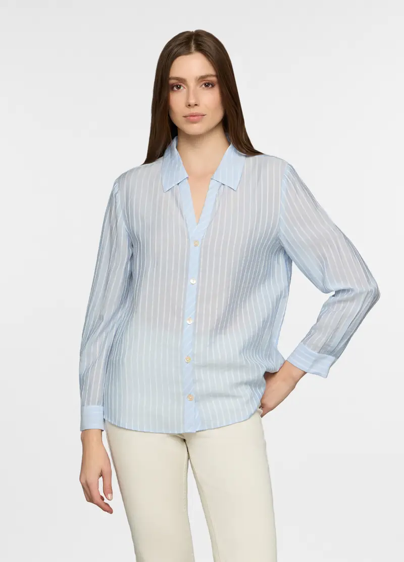 Camicia Regular Fit Con Scollo A V In Mista Lyocell Donna, Azzurro chiaro