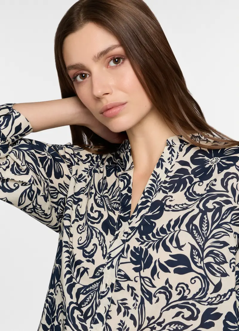 Camicia Regular Fit Con Scollo A V In Popeline Donna, Bianco/Blu miniatura 3