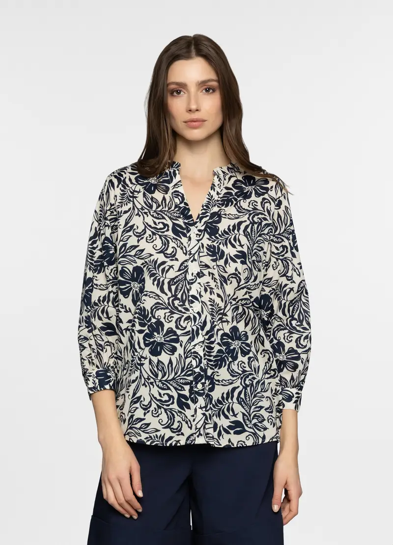 Camicia Regular Fit Con Scollo A V In Popeline Donna, Bianco/Blu