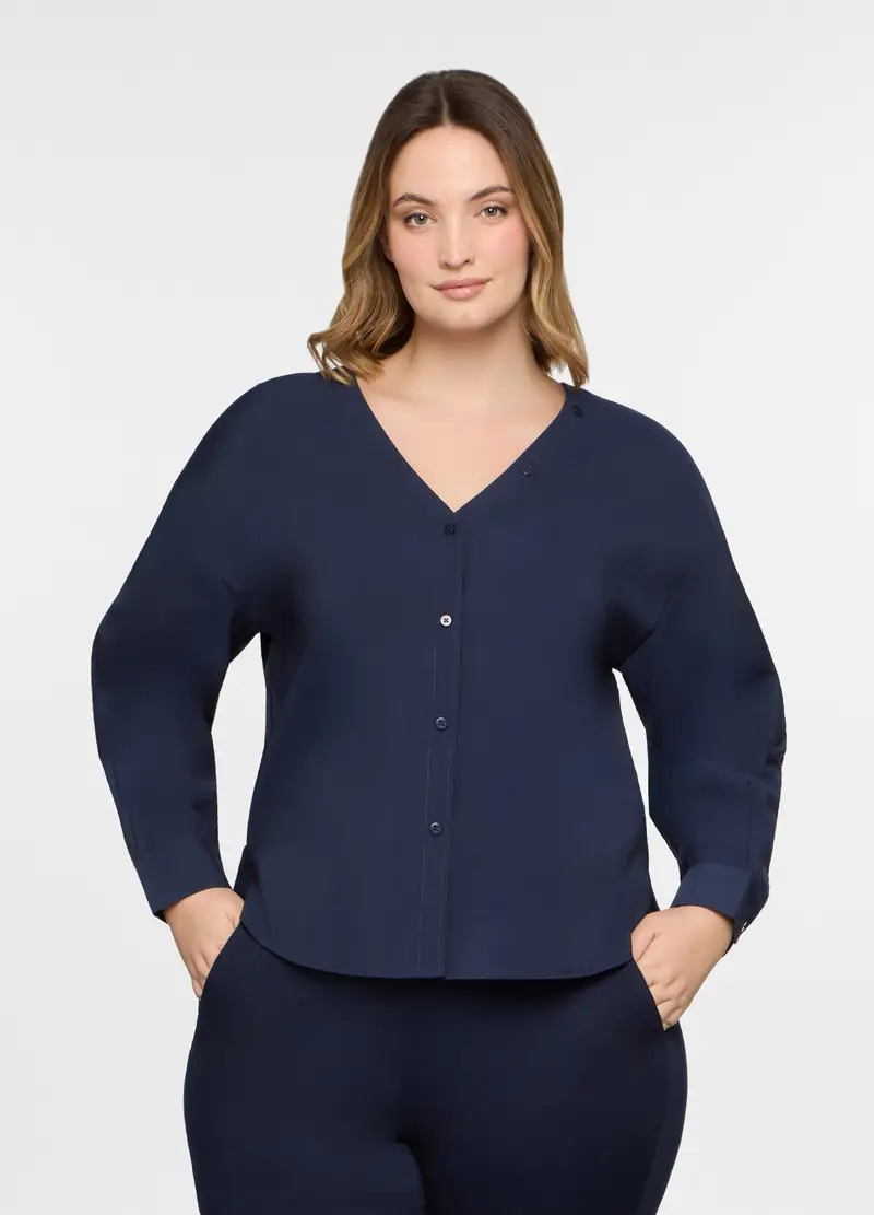 Camicia Regular Fit Con Scollo A V Misto Modal Donna Curvy, Blu scuro