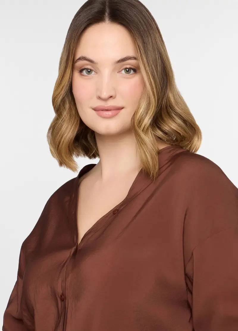 Camicia Regular Fit Con Scollo A V Misto Modal Donna Curvy, Marrone cioccolato miniatura 3