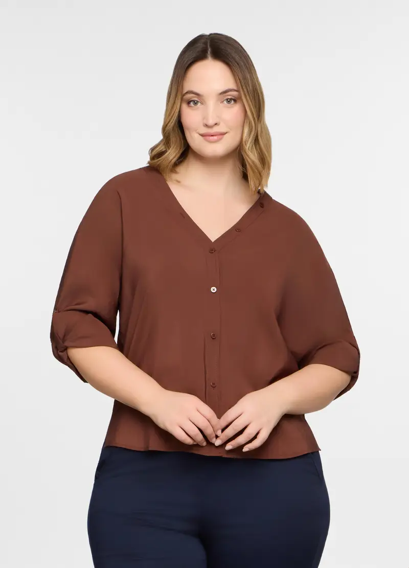 Camicia Regular Fit Con Scollo A V Misto Modal Donna Curvy, Marrone cioccolato