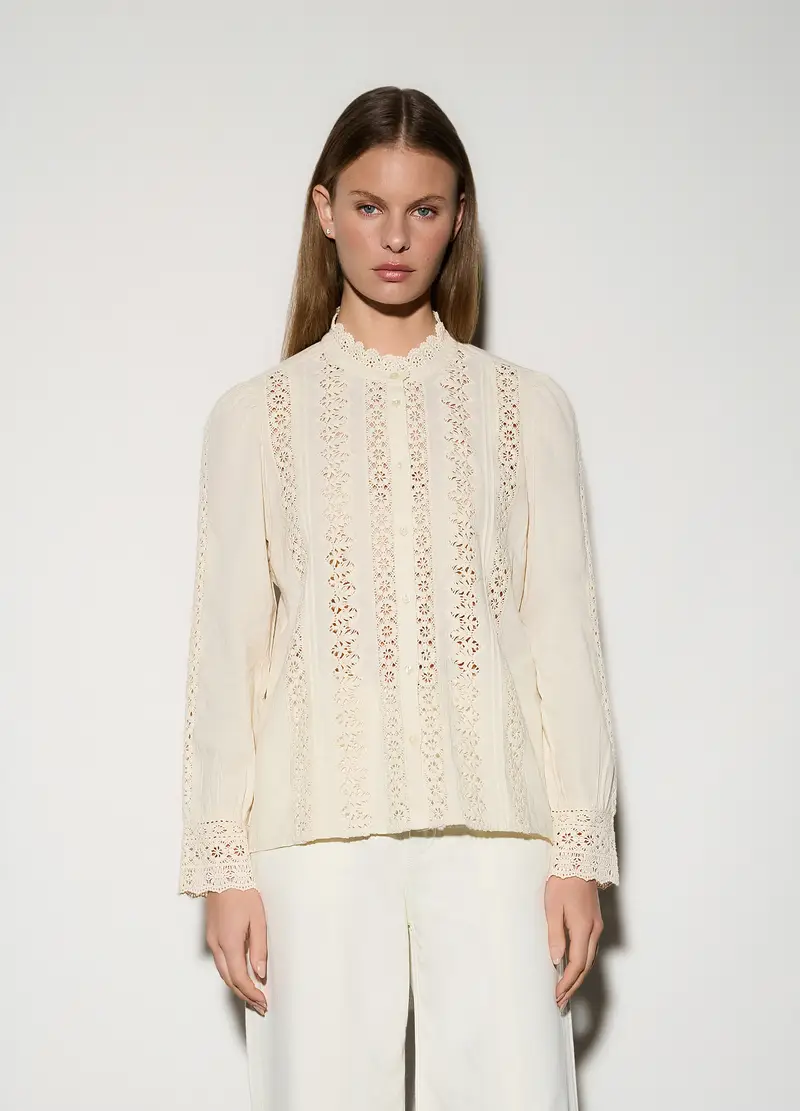 Camicia Regular Fit Con Scollo Rotondo In Pizzo Donna, Unisex, Bianco panna miniatura 2