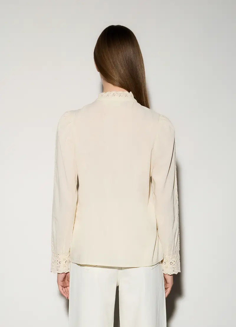 Camicia Regular Fit Con Scollo Rotondo In Pizzo Donna, Unisex, Bianco panna miniatura 3