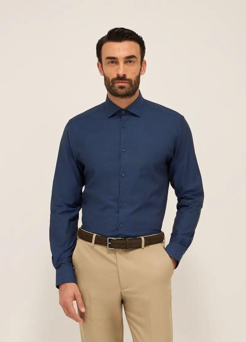 , Camicia Regular Fit In Cotone Stretch Texturizzato Uomo, Blu scuro miniatura 2