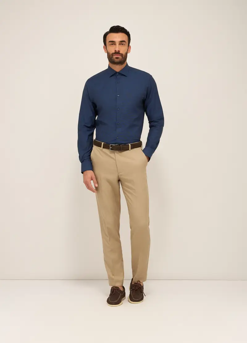 Camicia Regular Fit In Cotone Stretch Texturizzato Uomo, Blu scuro