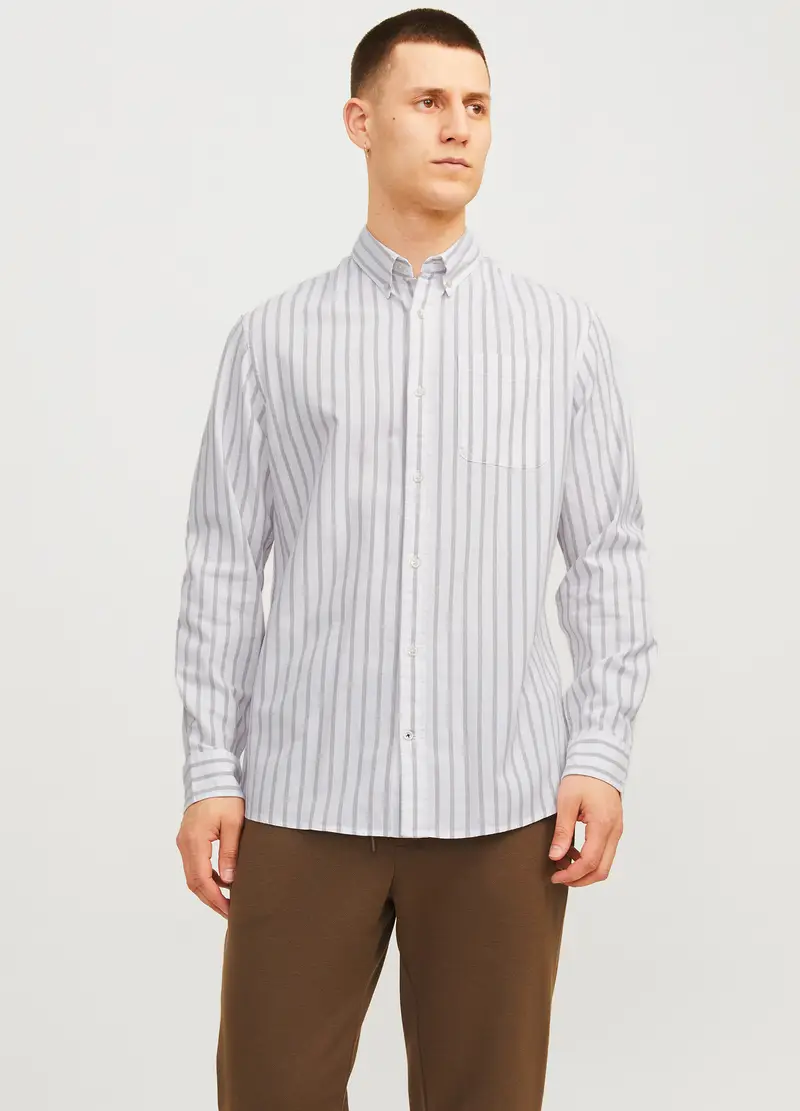 Camicia Slim Fit A Righe Con Taschino Uomo, Unisex, Bianco/Beige miniatura 2